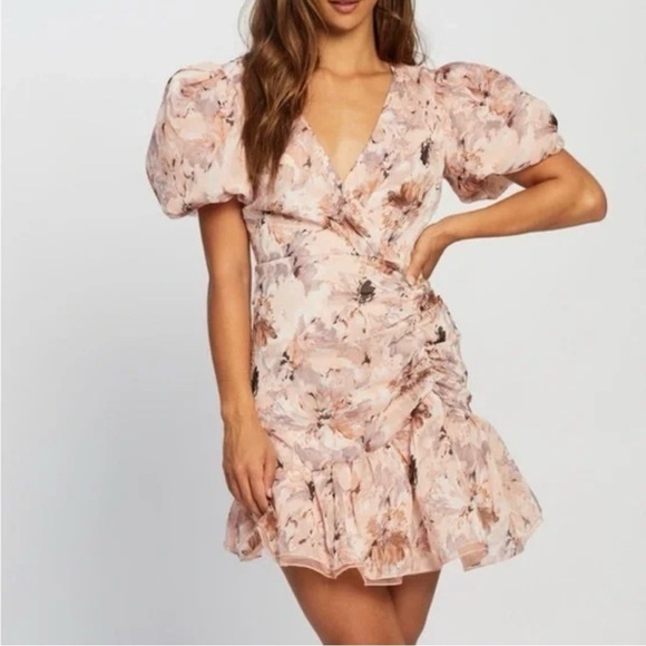 MISSGUIDED NWT Pink Floral Puff Sleeve Frill Mini Dress Size 0 - Picture 2 of 14